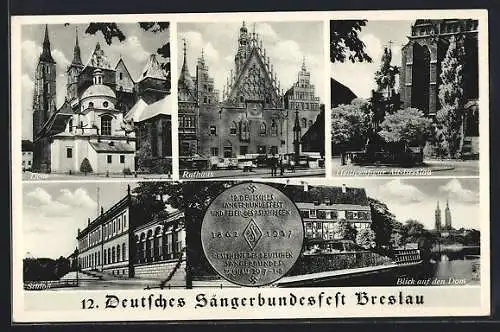 AK Breslau, 12. Deutsches Sängerbundesfest 1937, Rathaus, Dom, Schloss, Heiligenfigur