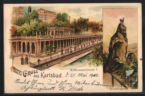 Lithographie Karlsbad, Mühlbrunnenkolonade mit Passanten, Hirschensprung