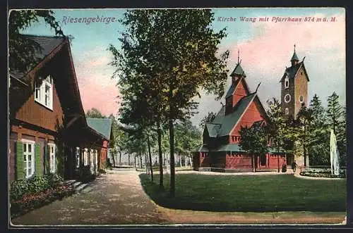 AK Brückenberg im Riesengebirge, die Kirche Wang mit dem Pfarrhaus