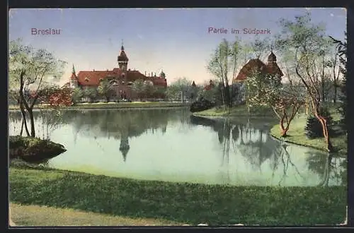 AK Breslau, Südpark mit See und Gebäude