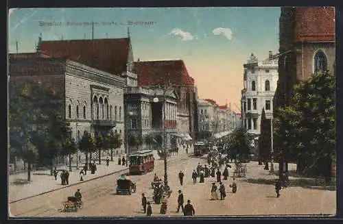 AK Breslau, Schweidnitzer Strasse mit Strassenbahn und Passanten