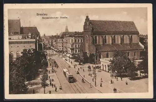 AK Breslau, Schweidnitzer Strasse, Geschäfte, Strassenbahn