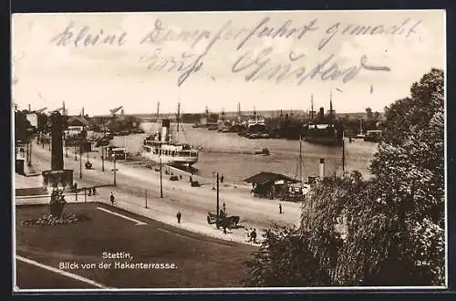 AK Stettin, Blick von der Hakenterrasse über Dampfschiffbollwerk auf die Oder