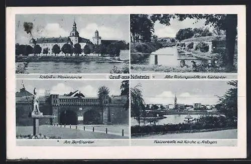 AK Cüstrin / Kostrzyn, Schloss, Berlinertor, Kaiserkolk mit Kirche und Anlagen