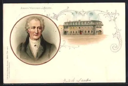 AK Weimar, Portrait und Wohnhaus von Johann Wolfgang von Goethe