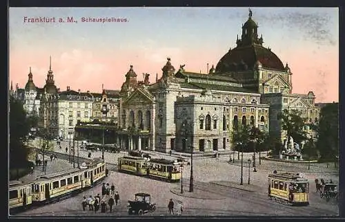 AK Frankfurt a.M., Strassenbahnen und Schauspielhaus, Kutschen