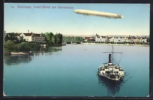 AK Konstanz, Zeppelin über dem Insel-Hotel, Dampfer auf dem Bodensee