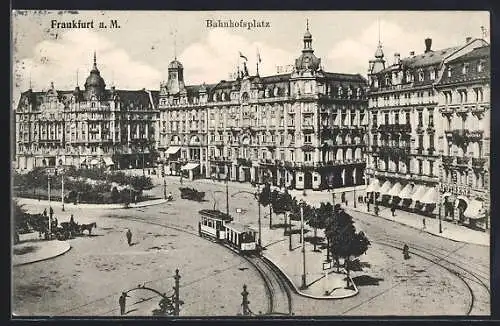 AK Frankfurt, Bahnhofsplatz mit einer Strassenbahn, Apotheke