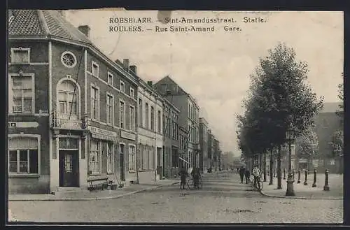 AK Roulers, Rue Saint-Amand et Gare, Bahnhof