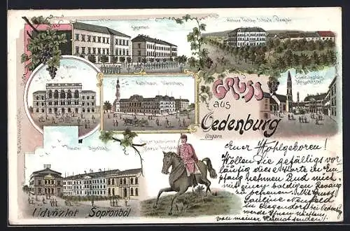 Lithographie Oedenburg, Comitatsplatz-Megyehazter, Theater-Szinhaz