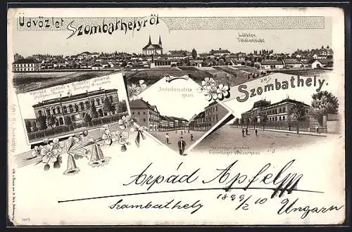 Lithographie Szombathely, Eisenburger Waisenhaus, Stadthaus Theater und Berzsenyi Monument