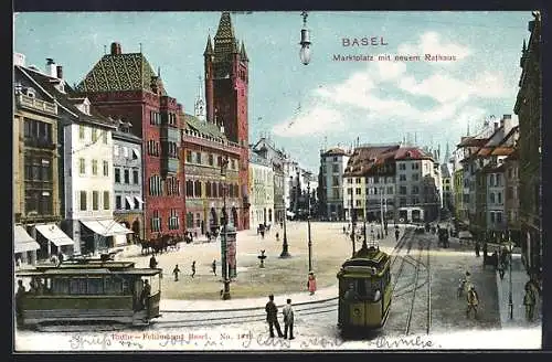 AK Basel, Strassenbahn, Marktplatz mit neuem Rathaus