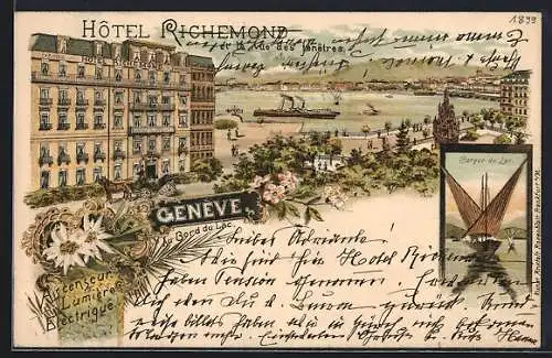 Lithographie Geneve, Hotel Richemond, Barque du Lac