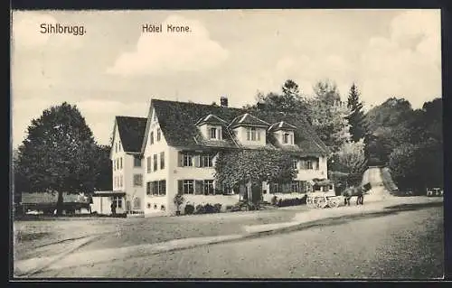 AK Sihlbrugg, Hotel Krone, davor eine Kutsche