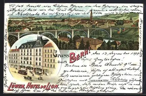 Lithographie Bern, Hotel Löwen / du Lion, Teilansicht mit Viadukt