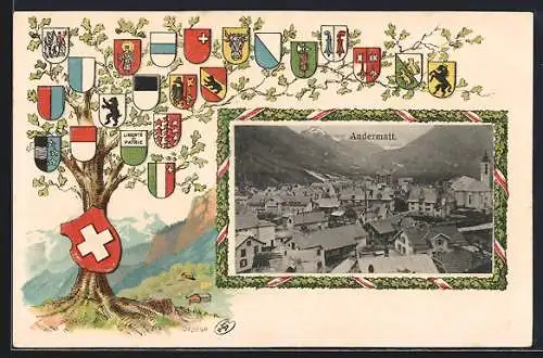 Passepartout-Lithographie Andermatt, Blick über die Dächer, Eiche mit Wappen der Kantone