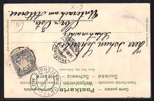 AK Fribourg, Teilansicht, Helvatia mit Schild und Lorbeerkranz, Wappen