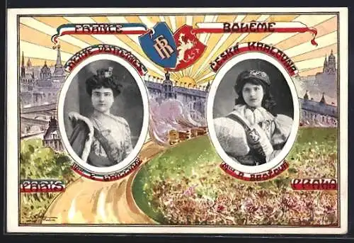 AK Prag / Praha, Slavnost Královen Kvetin 1910, Portraits Mlle E. Grillard & Mlle R. Brozavá, Stadtansicht, Wappen