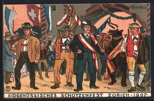 Künstler-AK Zürich, Eidgenössisches Schützenfest 1907, Schützen mit einem Bären