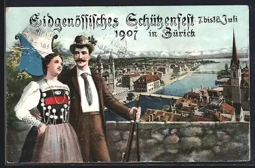 AK Zürich, Eidgenössisches Schützenfest 1907, Teilansicht, Schütze & Frau mit Wappen