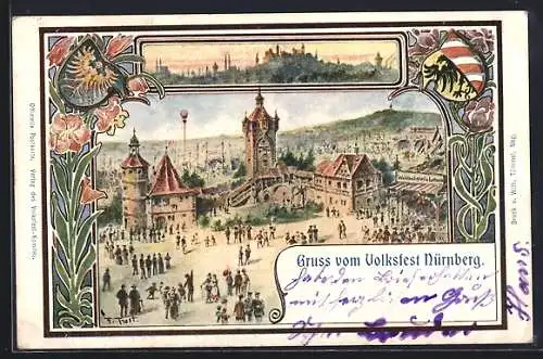 Lithographie Nürnberg, Blick auf das Volksfest