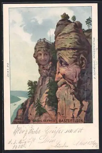 Lithographie Schwenke Ser. 1 Nr. 2: Basteifelsen i. d. sächs. Schweiz, Ortsansicht, Berggesichter