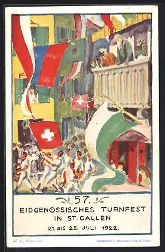 Künstler-AK St. Gallen, 57. Eidgenössisches Turnfest 1922, Festzug durch die Stadt