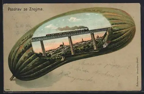 AK Znojma, Eisenbahnbrücke, Ansicht auf Gurke