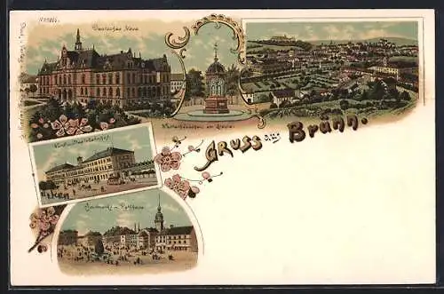 Lithographie Brünn, Deutsches Haus, Nord- und Staatsbahnhof, Krautmarkt mit Rathaus