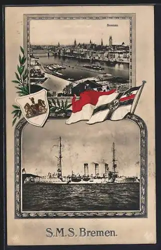 AK Bremen, Hafen, Kriegsschiff S.M.S. Bremen, Wappen, Reichskriegsflagge