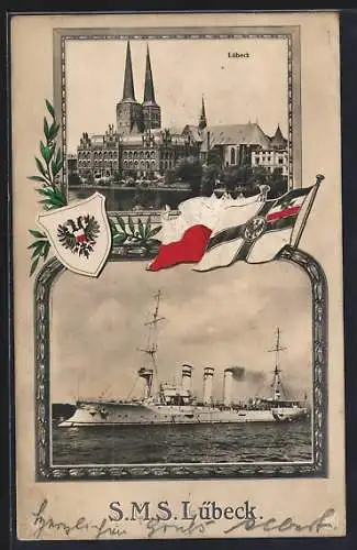 AK Lübeck, Teilansicht mit Kirche, Kriegsschiff S.M.S. Lübeck, Reichskriegsflagge