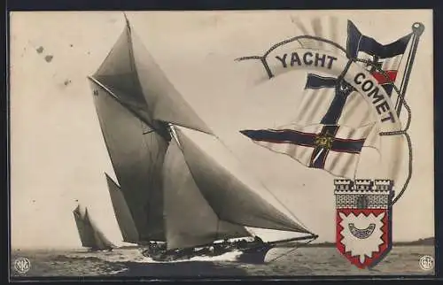 AK Yacht Comet segelt hart am Wind, Reichskriegsflagge und Wappen