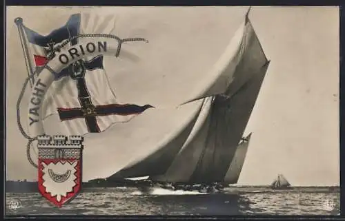 AK Yacht Orion bei einer Regatta, Reichskriegsflagge und Wappen