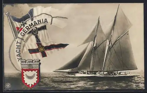 AK Yacht Germania mit gesetzten Segeln, Reichskriegsflagge und Wappen