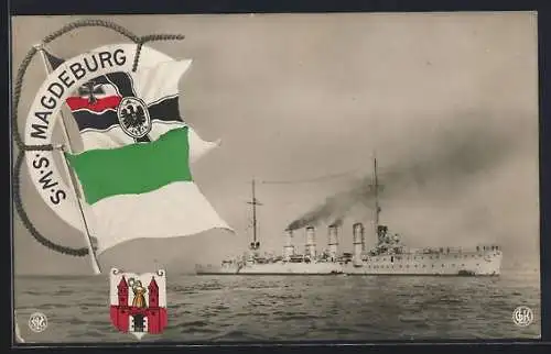 AK Kriegsschiff SMS Magdeburg auf See, Reichskriegsflagge, Wappen