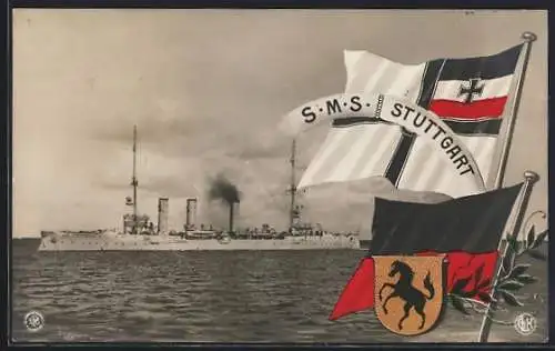 AK Kriegsschiff S.M.S. Stuttgart, Reichskriegsflagge und Wappen