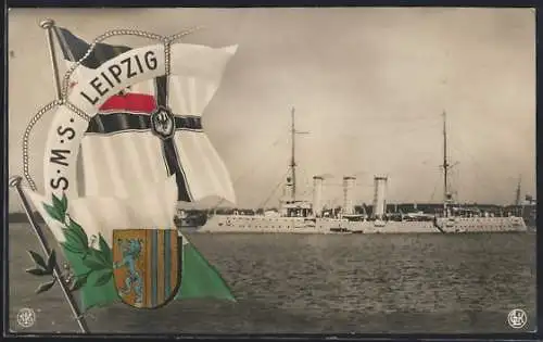 AK Kriegsschiff SMS Leipzig, Reichskriegsflagge und Wappen