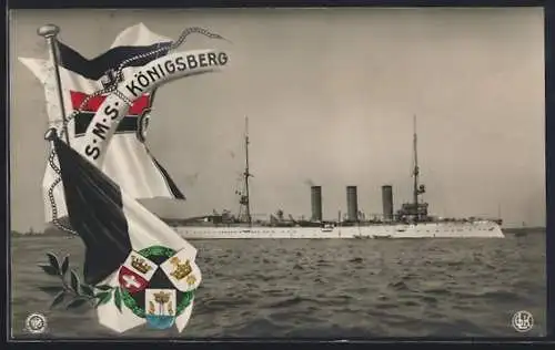 AK Kriegsschiff S.M.S. Königsberg, Reichskriegsflagge und Wappen