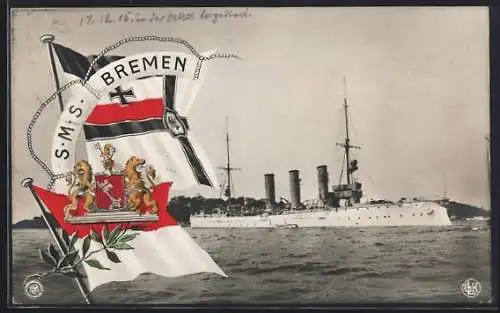 AK Kriegsschiff S.M.S. Bremen, Reichskriegsflagge und Wappen