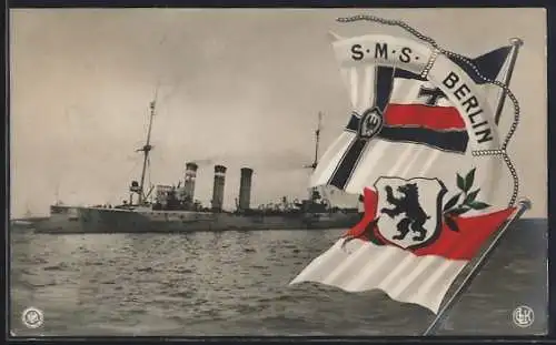 AK Kriegsschiff S.M.S. Berlin, Reichskriegsflagge und Berliner Wappen