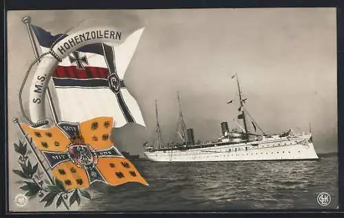 AK Kriegsschiff S. M. S. Hohenzollern vor der Küste, Reichskriegsflagge