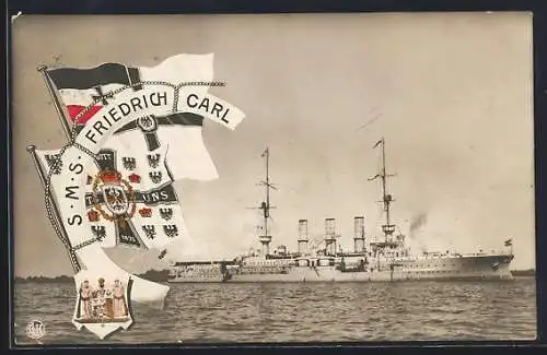 AK Kriegsschiff SMS Friedrich Carl, Reichskriegsflagge und Wappen