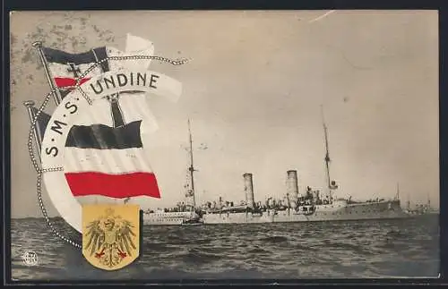 AK Kriegsschiff SMS Undine, Reichskriegsflagge und Wappen