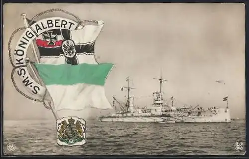 AK Kriegsschiff SMS König Albert, Reichskriegsflagge und Wappen des Königreiches Sachsen