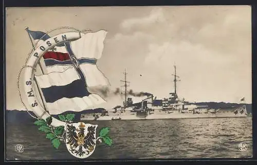 AK Kriegsschiff S.M.S. Posen vor der Küste, Reichskriegsflagge und Wappen