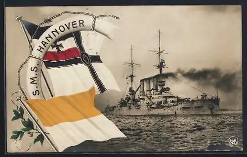 AK Kriegsschiff S.M.S. Hannover, Reichskriegsflagge und Lorbeerzweig