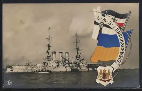 AK Kriegsschiff SMS Braunschweig, Reichskriegsflagge und Wappen