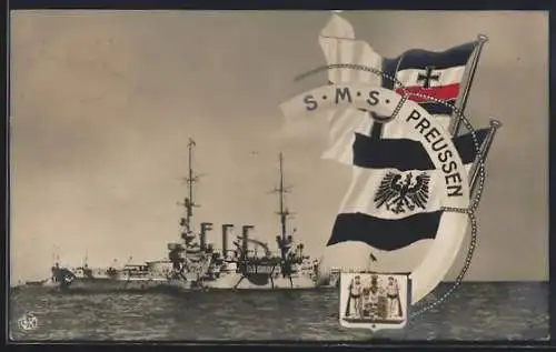 AK Kriegsschiff S.M.S. Preussen, Reichskriegsflagge, Wappen