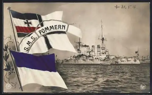 AK Kriegsschiff S.M.S. Pommern auf See, Reichskriegsflagge