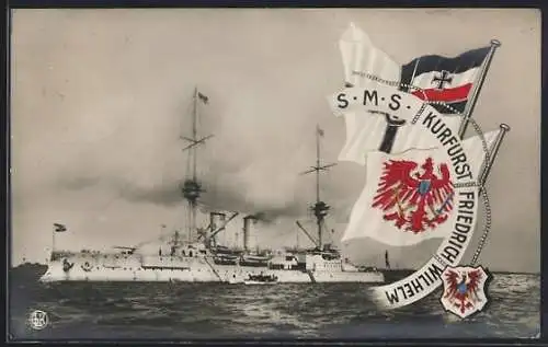 AK Kriegsschiff SMS Kurfürst Friedrich Wilhelm, Reichskriegsflagge und Wappen